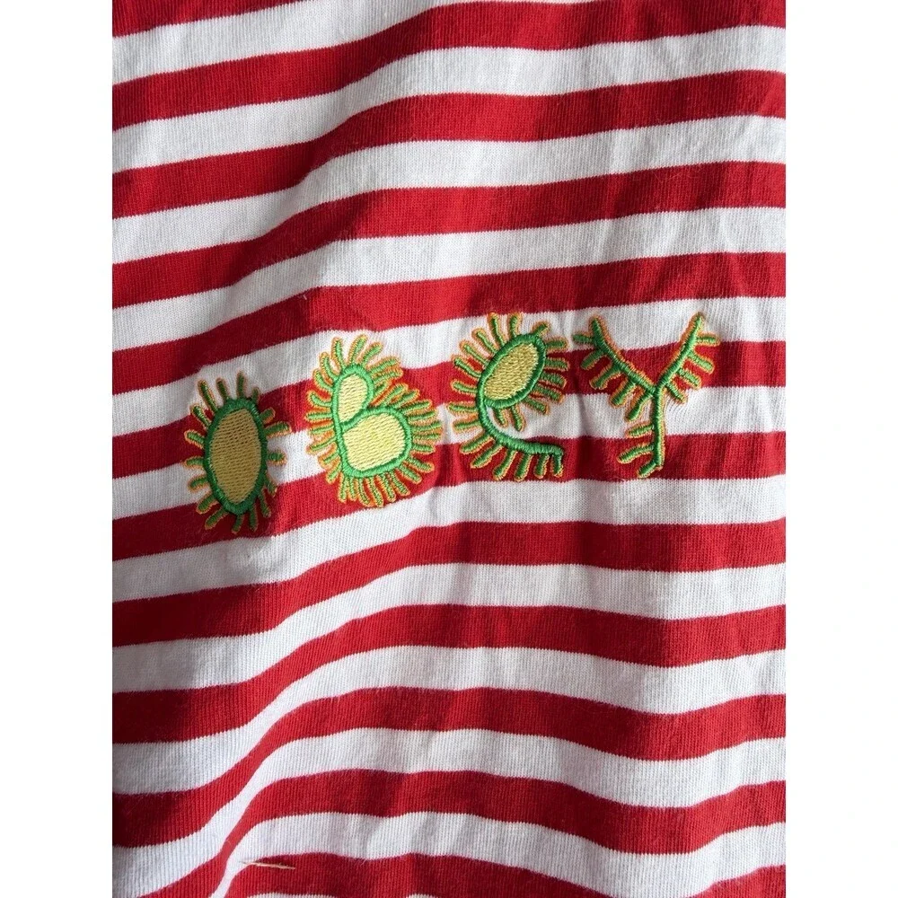 Obey Worldwide Men's Red/White Stripe Short Sleeve Shirt Green Embroidery Large